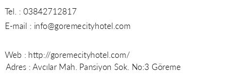 Greme City Hotel telefon numaralar, faks, e-mail, posta adresi ve iletiim bilgileri